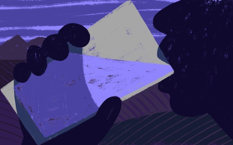 Illustration in dark tones of a silhouetted person drinking a glass of water