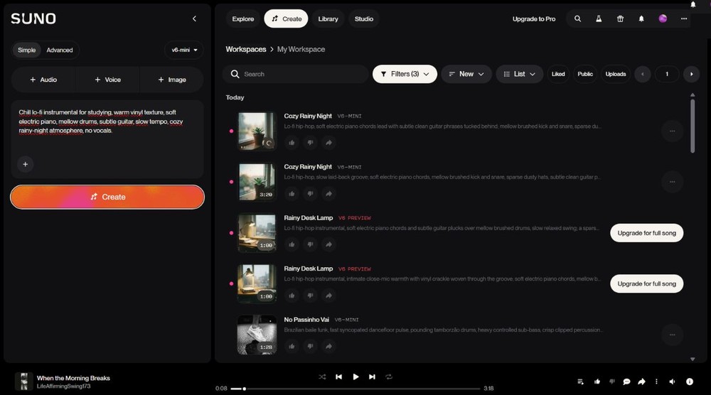 Música instrumental gerada pelo Suno AI segue com precisão as instruções do prompt — Foto: Reprodução/Júlia Silveira