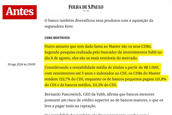 Folha de S.Paulo admite ter recebido R$ 516 mil do Master e compara: 2,58% do Metrópoles