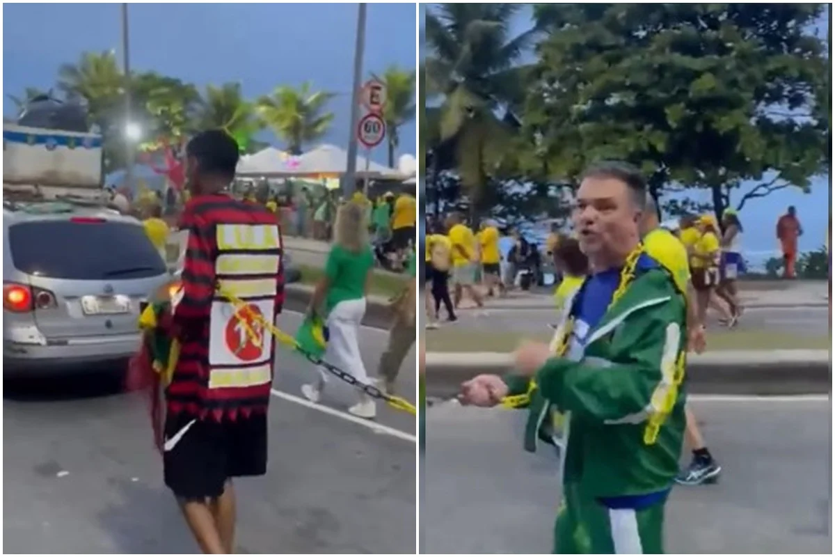 Apoiador de Flávio Bolsonaro puxando homem acorrentado com menção ao PT
